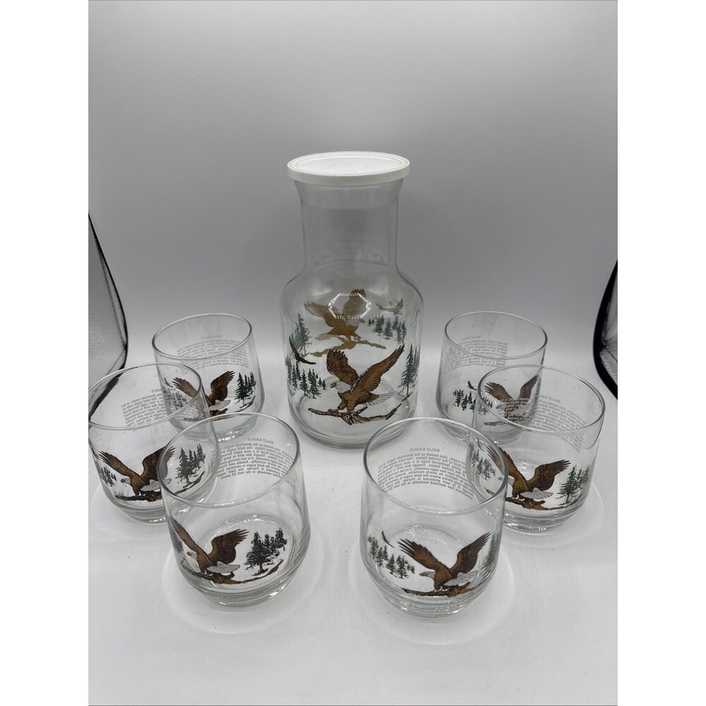 Vintage Sunoco Bald Eagle Glass Carafe Pitcher Lid 6 Matching Rocks Glasses Set